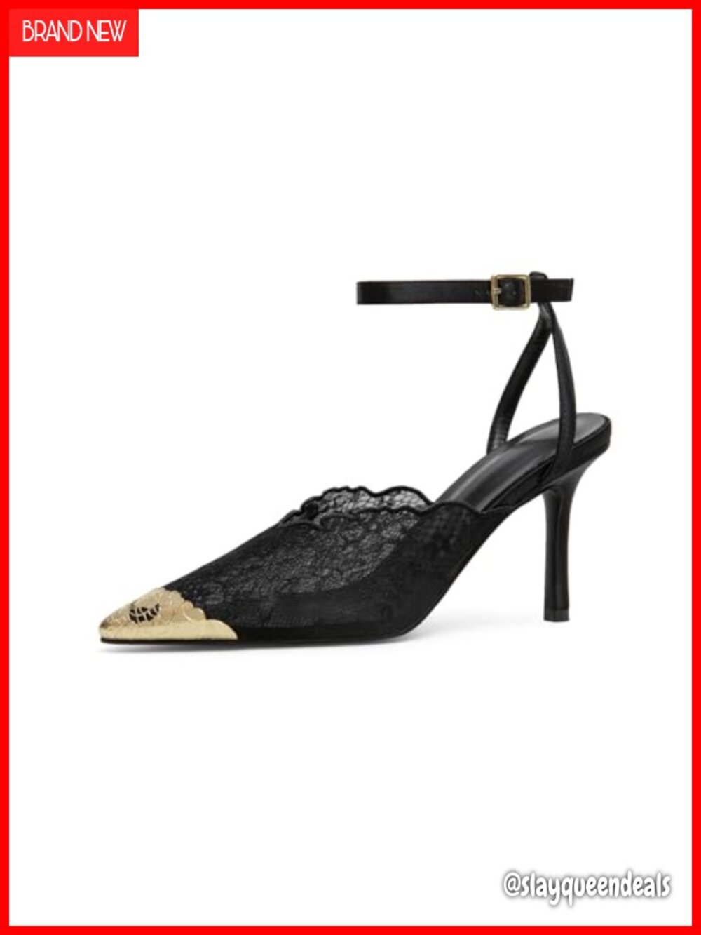 Maxlolly Women's Lace Stiletto Pumps Gold Cap Toe Ankle Strap